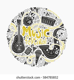 Round concept for music festival advertisment or music party. Handdrawn illustratuins of musical instruments.