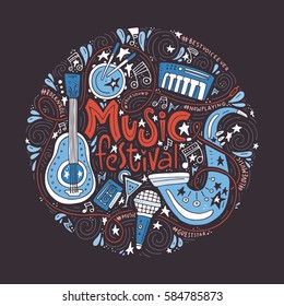 Round concept for music festival advertisment or music party. Handdrawn illustratuins of musical instruments.