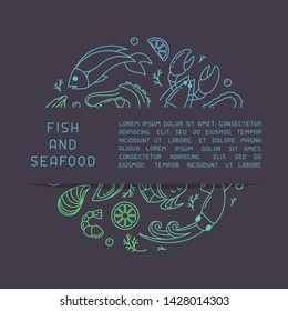Round concept with seafood and sample text. Linear style vector illustration. Suitable for advertising or decor of info poster