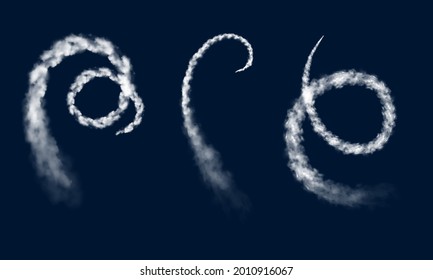 Round condensation airplane chemtrails, trails and contrails. Vector plane smoke, curve air jet clouds, realistic 3d spray tracks design elements, vapor effect in sky isolated on blue background