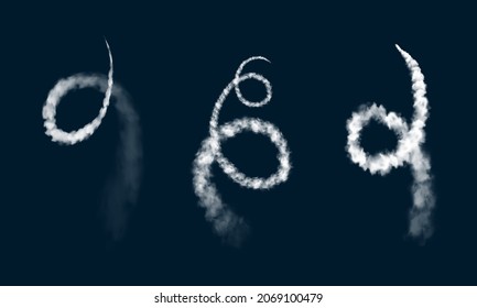 Round condensation airplane chemtrails, trails and contrails. Spaceship or rocket launch trace, realistic vector jet plane or ballistic missile take off spiral path in sky, aircraft flight trail swirl