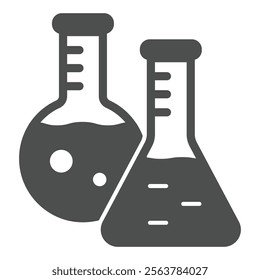 Round and cone flasks solid icon, clinical research concept. Vector graphics. Laboratory test glass sign on white background, glyph style icon for mobile or web design