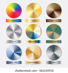Round cone metal gradients set. Vector illustration for designer. Mesh grid. Gold Silver Bronze Nickel Patina and Rainbow as bonus.