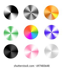 Round cone metal gradients set. Vector illustration for designer. Mesh grid. Gold Silver Bronze Nickel Patina and Rainbow