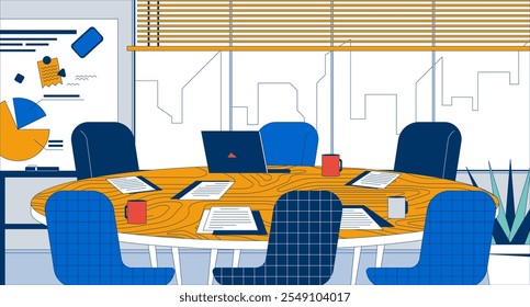 Round conference room table in empty office flat illustration. Meeting briefing 2D interior cartoon background. Paperwork, coffee cups, laptop on tabletop. Workplace furniture scene vector image