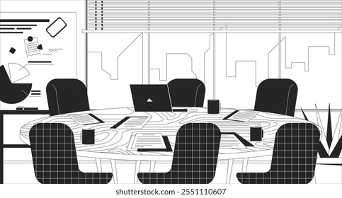 Round conference room table in empty office black and white line illustration. Meeting briefing 2D interior monochrome backdrop. Paperwork, coffee cups, laptop. Workplace furniture outline vector