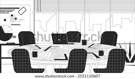 Round conference room table in empty office black and white line illustration. Meeting briefing 2D interior monochrome backdrop. Paperwork, coffee cups, laptop. Workplace furniture outline vector