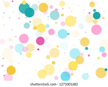  round confetti festive background in cayn, pink and yellow on white.  Childish pattern vector, children's party birthday celebration background.