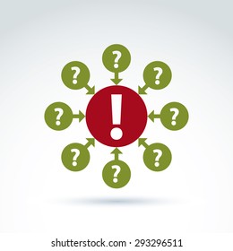 Round consultation symbol, call center icon. Question and exclamation marks connected with arrows, FAQ. 
