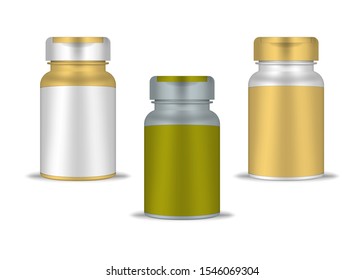 Round container with screw flip top cap, realistic mockup. Blank drug bottle, vector template. Medical pill, dietary supplement, vitamin packaging color set