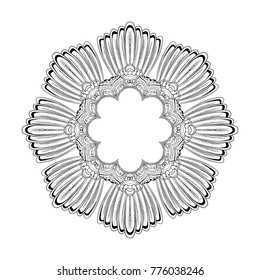Round contour feather mandala from bird tails and paws isolated on white background vector illustration. Ethnic decorative black mandala from bird feather in outline for meditation and coloring pages