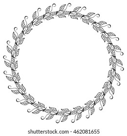 Round contour floral frame with leaves. Vector clip art.