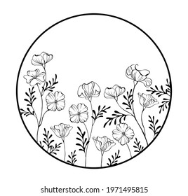 Round contour frame with artistically drawn California poppy on white background. Coloring.