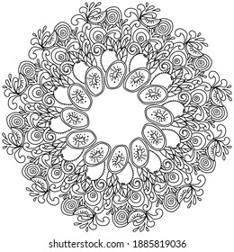 Round contour mandala with kiwi fruits and leaves, healthy fruits in the form of a coloring page in the form of a round frame with curls and patterns vector illustration