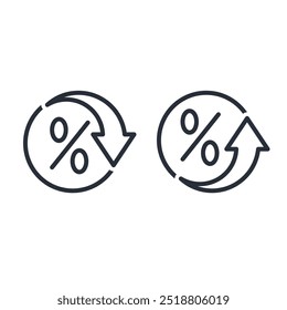 Arredondar percentual de botões de controle com seta para cima e para baixo.Crescimento percentual, símbolo de redução para investimento bancário, taxa de juros, serviço financeiro. Conjunto de ícones lineares vetoriais isolados sobre fundo branco.