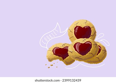Round cookie with marmalade heart in the middle. Doodle. Vector illustration in cartoon style. Valentines day sweet sugar cookie dessert dessert banner illustration. Vector illustration