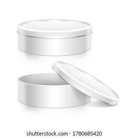 Round cookie tin boxes set mock-up vector template. Good for packaging design. Open and closed boxes.