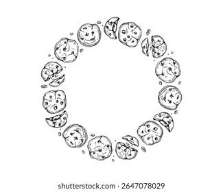 Round Cookies Frame, Wreath. Crispy cookies circle border. Black-white sketch illustration. Freehand drawn Biscuit chocolate chip cookies in line art style for cafe, menu, cookbook, bakery