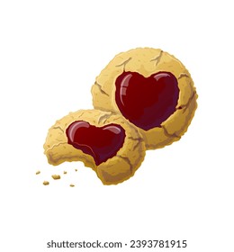 Round cookies with a marmalade heart in the middle. Vector illustration in cartoon style. Valentine's day sweet sugar cookie dessert drawing banner