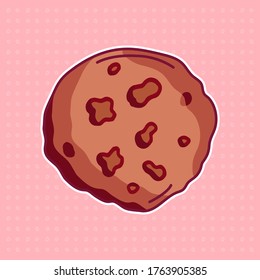 Round cookies with raisins and chocolate. Pink, beige and brown colors. Sticker on a pink background with repeating circles.