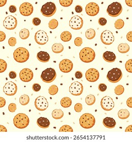 Padrão sem emenda de cookies redondos. Bite of Baked Cookie Background (em inglês) . Excelente para têxteis, utensílios de cozinha, materiais promocionais, stands de refresco e eventos de verão.