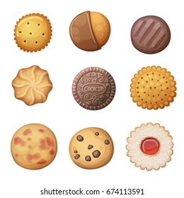 Round cookies set. Top view pastry illustration. Cartoon vector icons isolated on white background