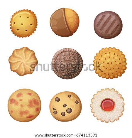 Round cookies set. Top view pastry illustration. Cartoon vector icons isolated on white background
