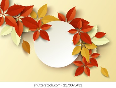 Round copy space with autumn leaves design. Vector illustration in paper cut craft style with layered effect. Autumnal holidays celebration, sale discount promotion or back to school concept