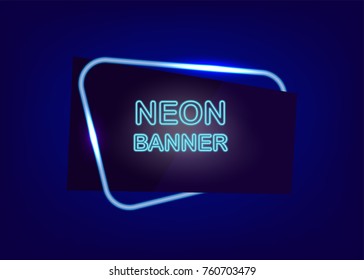 Round corner neon empty sale banner vector illustration. Label template fashion 80s-90s. Electricity light text message frame. Dark blue colored blank mock up background. Glow festive flare shine.