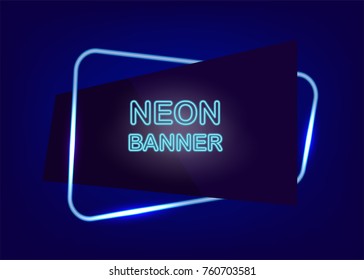 Round corner neon empty sale banner vector illustration. Label template fashion 80s-90s. Electricity light text message frame. Dark blue colored blank mock up background. Glow festive flare shine.
