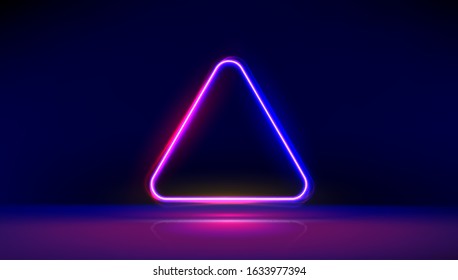 Round corner neon glowing triangle with reflections on the floor. Modern neon lights psychedelic background with place for text. Vector Illustration. 