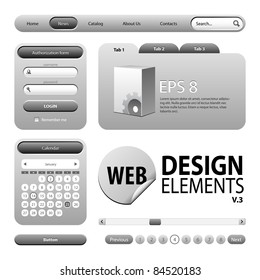 Round Corner Web Design Graphite Gray Elements: Buttons, Form, Slider, Scroll, Icons, Tab, Menu, Navigation Bar, Login, Calendar, Accordion, Template  Version 3