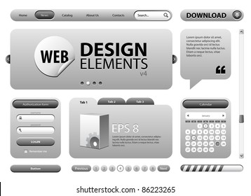 Round Corner Web Design Graphite Gray Elements: Buttons, Form, Slider, Scroll, Icons, Tab, Menu, Navigation Bar, Login, Calendar, Template Version 4