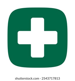 Round corner white cross green squircle. A first aid symbol with rounded corners. Isolated on a white background.