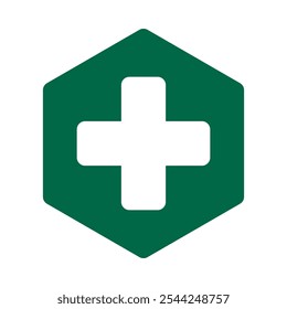 Round corner white cross green hexagon. A first aid symbol with rounded corners. Isolated on a white background.