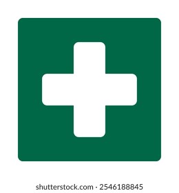 Round corner white cross green square. A first aid medical symbol with rounded corners. Isolated on a white background.