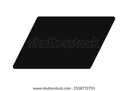 Round corners parallelogram shape silhouette icon. A quadrilateral symbol formed by parallel lines. Isolated on a white background.