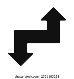 Esquinas redondeadas, icono de doble flecha escalonado. Símbolo de dirección negra de dos lados y desvío con esquinas redondeadas. Aislado sobre un fondo blanco.