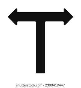 Round corners t-junction arrow icon. A two-directional symbol made from black arrows. Isolated on a white background.