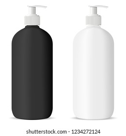 Round Cosmetic bottles with dispenser pump lid in black and white color. Cosmetic container for next products: cream, moisturizer, shampoo, mask, soap and other liquids. 3d vector illustration.