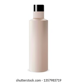 Round Cosmetic Shampoo Bottle. Beige Plastic Tubular Package. Closed Round Blank Packaging Mockup without Lable. Clean Template. Hair or Shower Gel Jar. Cylinder Cosmo Tube.