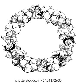 Round cotton frame with space for text. White cotton flowers using engraving technique. White cotton balls, leaves and branches. Vector retro illustration. Ink drawing.
