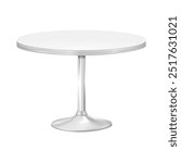 Round countertop table on one metal leg with round base. 3d mockup. White blank circular counter single pedestal desk. Realistic vector mock-up