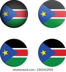 Bandera de país redondo en estilos diferentes, placa de disco, ilustración vectorial de Sudán del Sur