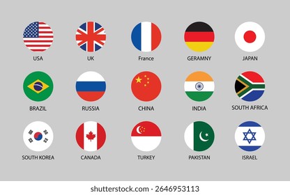 Round Country Flag Icon Set – Circle Vector Flags of USA, UK, China, India and Global Nations.