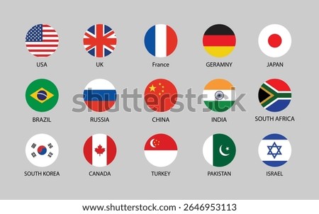 Round Country Flag Icon Set – Circle Vector Flags of USA, UK, China, India and Global Nations.