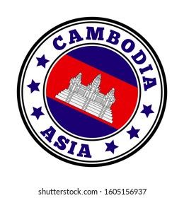 Round country logo with flag of Cambodia, featuring the Angkor Wat temple and text 'Cambodia Asia'.