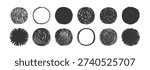 Round crayon sketch with rough texture. Vibrant circle doodle featuring brush strokes, abstract pattern, and childish charm for playful design backgrounds.