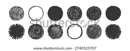 Round crayon sketch with rough texture. Vibrant circle doodle featuring brush strokes, abstract pattern, and childish charm for playful design backgrounds.