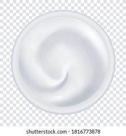 Round cream background. Cream jar isolated on a transparent background. Vector 3d realistic. yogurt, sour cream, or a cosmetic product. curl texture. Universal design template. Top view. eps 10.